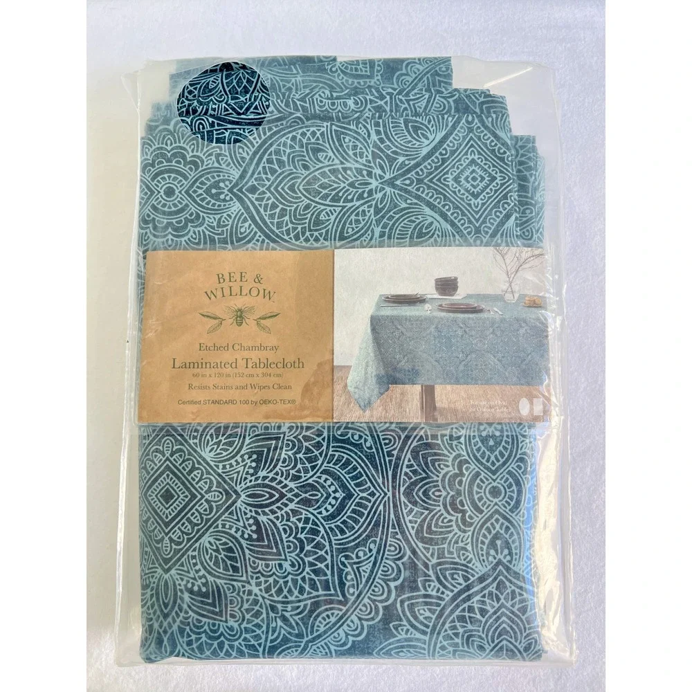 Bee & Willow Etched Chambray Laminated Tablecloth 60x120 Teal Blue Mandala Oval
